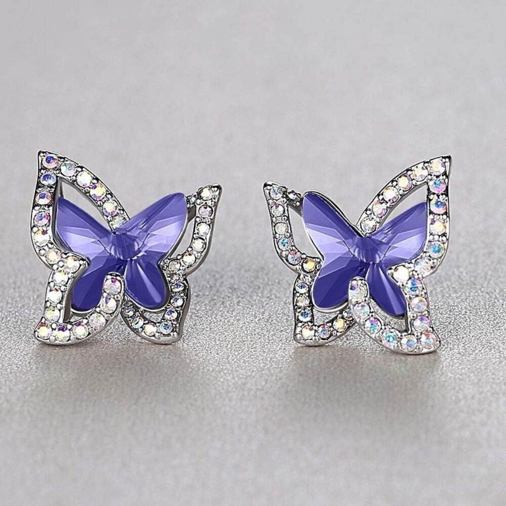 Women's Purple Crystal Crisscros Butterfly Birthstone Sparkle Earrings